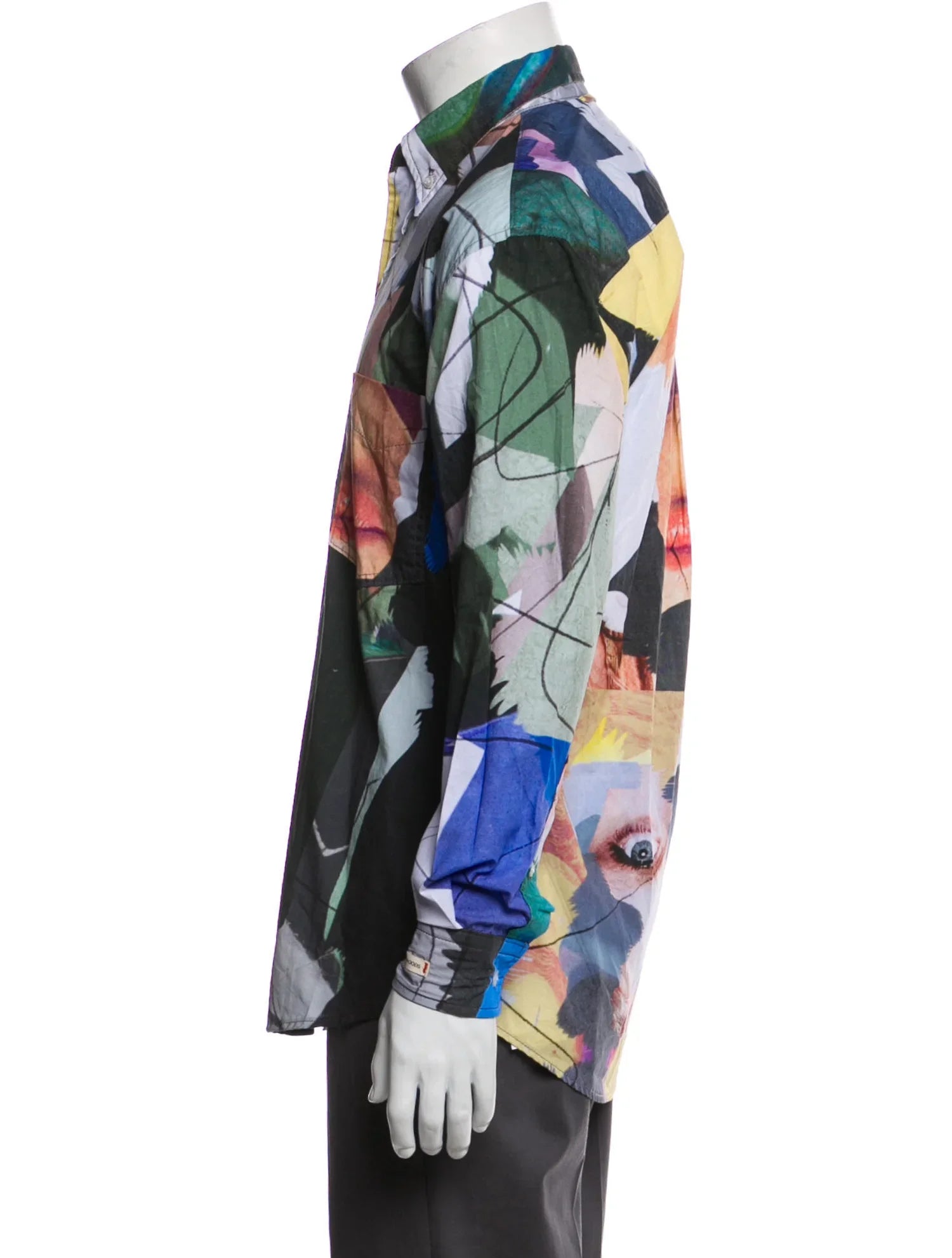 The RealReal,Saintwoods, Saintwoods Grey/Green Multi Color Abstract Face Print Long Sleeve Button Up Shirt With Front Chest Pocket, Grey, Small-43-TagS