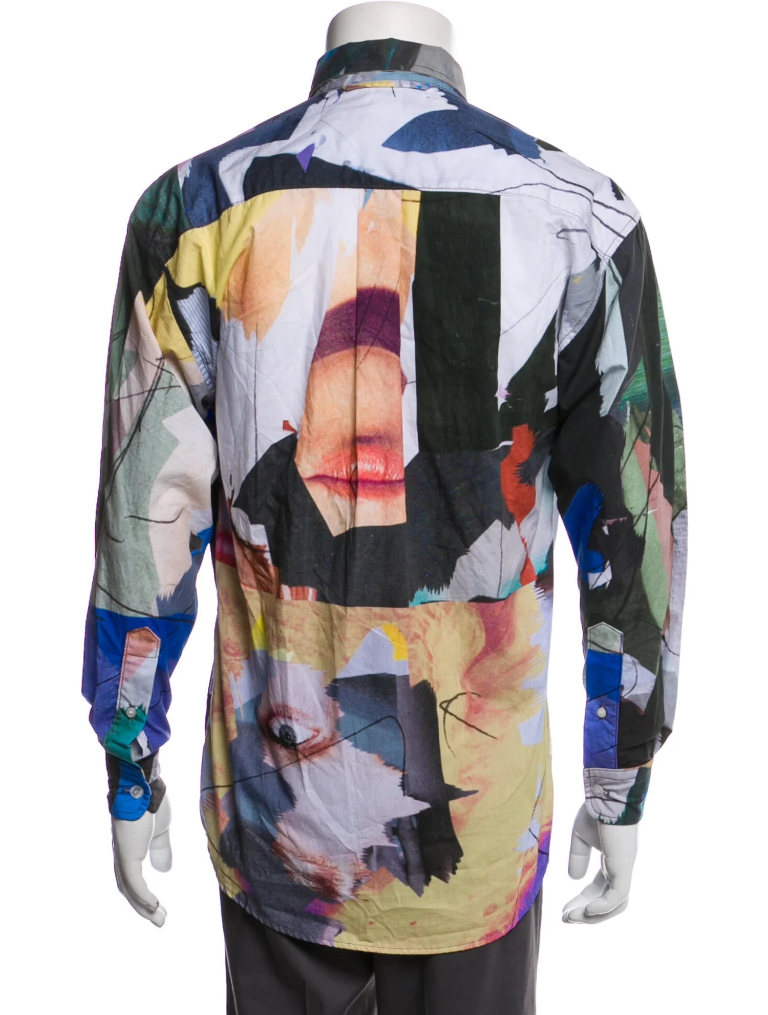The RealReal,Saintwoods, Saintwoods Grey/Green Multi Color Abstract Face Print Long Sleeve Button Up Shirt With Front Chest Pocket, Grey, Small-43-TagS