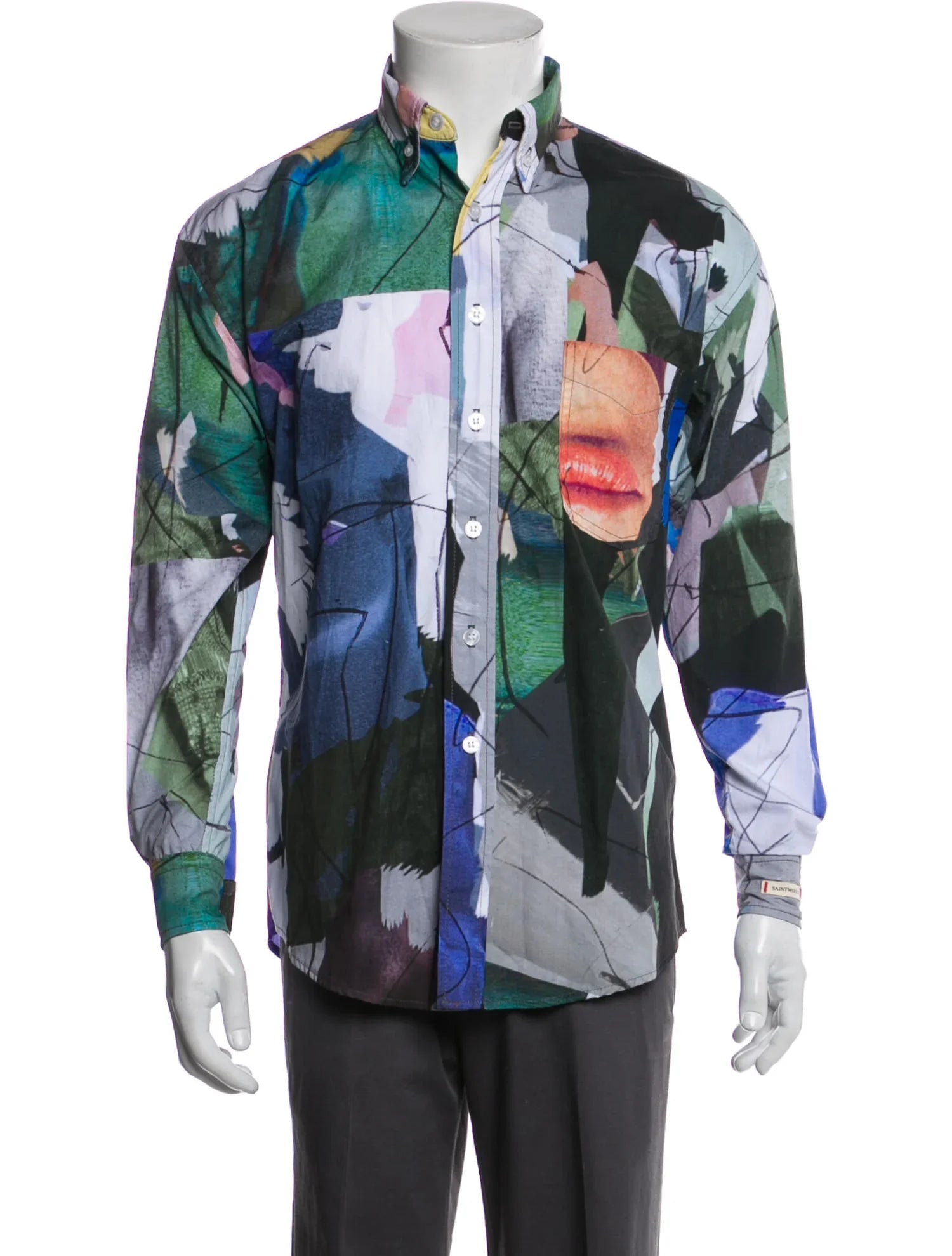 The RealReal,Saintwoods, Saintwoods Grey/Green Multi Color Abstract Face Print Long Sleeve Button Up Shirt With Front Chest Pocket, Grey, Small-43-TagS