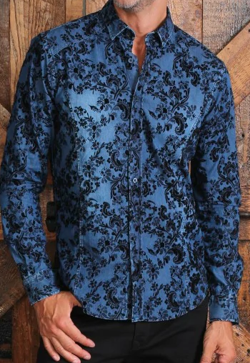 Faire,Eight X, Eight X Blue Denim w/ Flocking Snap Button Up, Blue, Small-41-TagM