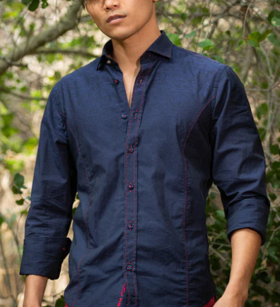 Faire,Eight X, Eight X Navy Jacquard Button Up With Red Contrast Stitching, Blue, Large-44-TagL