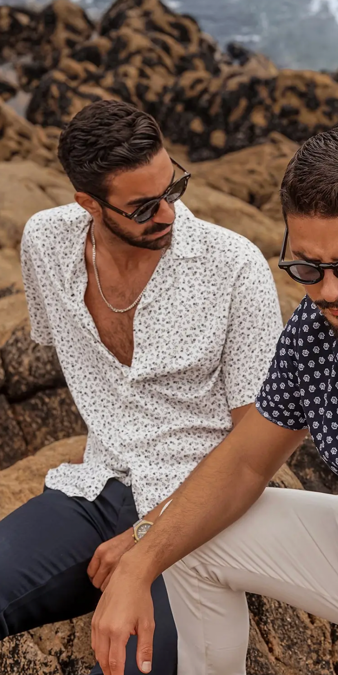 Faire,Donato, Donato White With Navy Floral Print Short Sleeve Button Up Shirt, Blue, Large-45-TagL