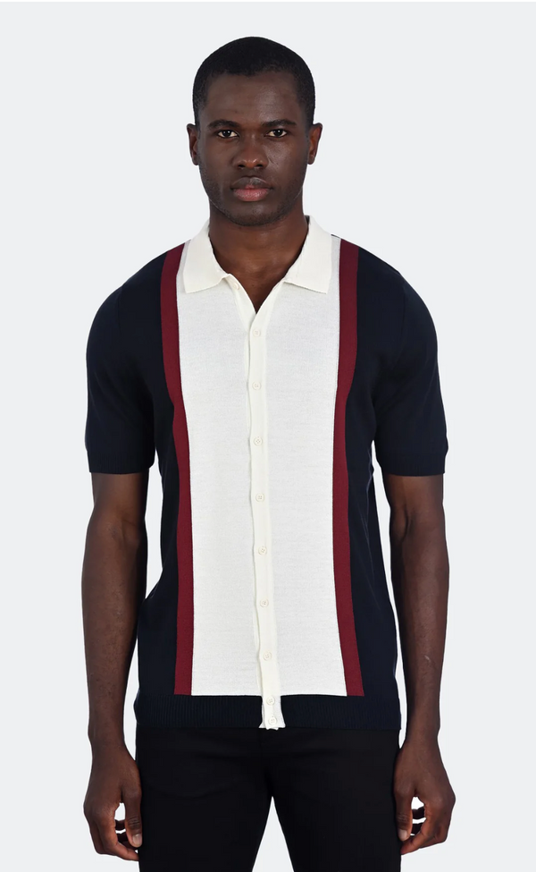 LCR Navy With Cream & Burgundy Colorblock Knit Short Sleeve Button Up Polo