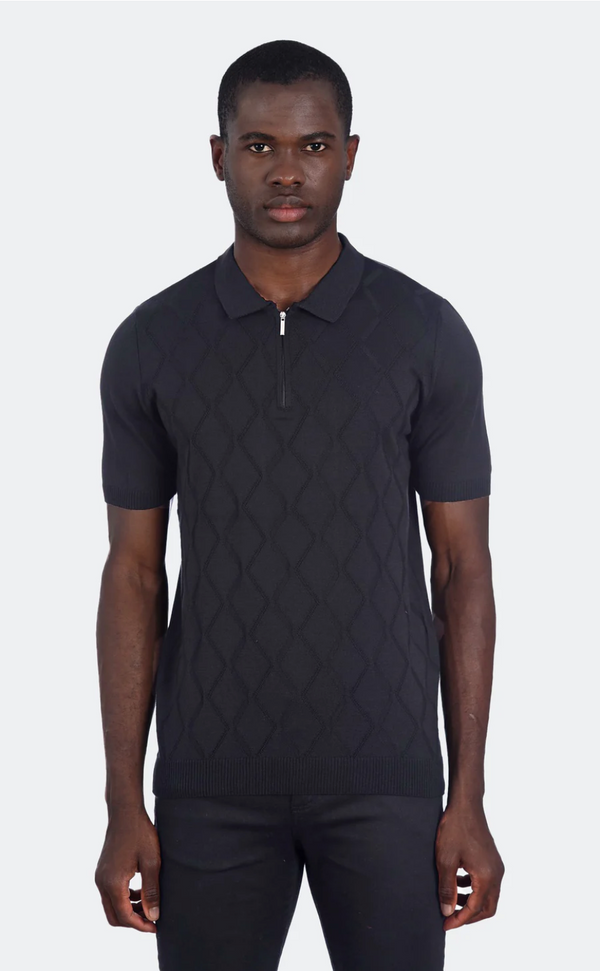 LCR Black Tonal Argyle Texture Zip Up Knit Short Sleeve Polo