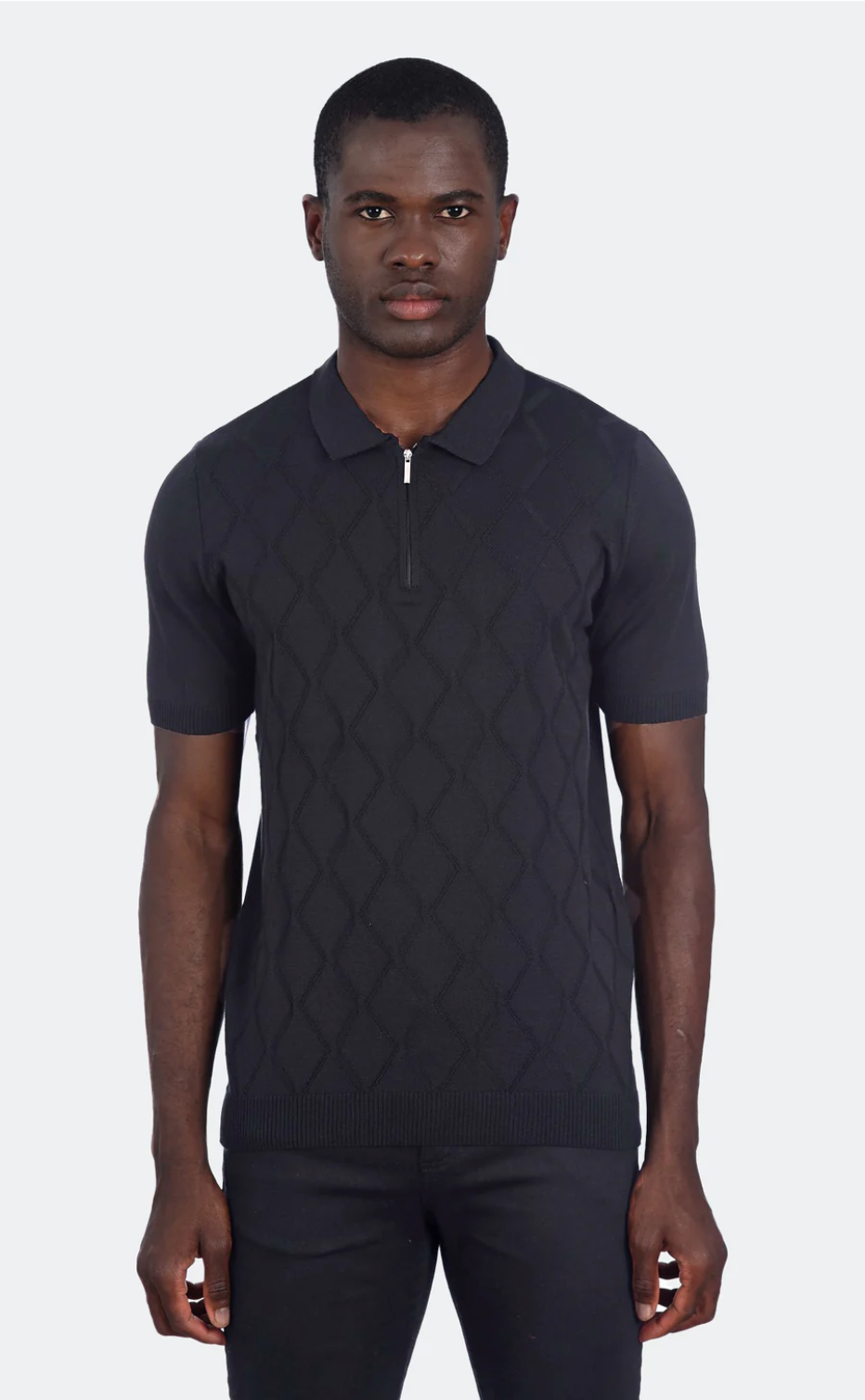 Wholesale,LCR, LCR Black Tonal Argyle Texture Zip Up Knit Short Sleeve Polo, Black, Small-39-TagXL