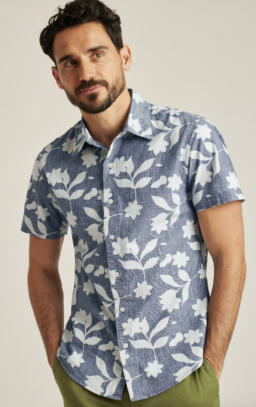 Wholesale,Bonobos, Bonobos Blue Chambray Floral Stretch Short Sleeve Shirt, Blue, Extra Extra Large-50-TagXXLExtra Large-48-TagXLLarge-45-TagLMedium-42-TagMSmall-39-TagS