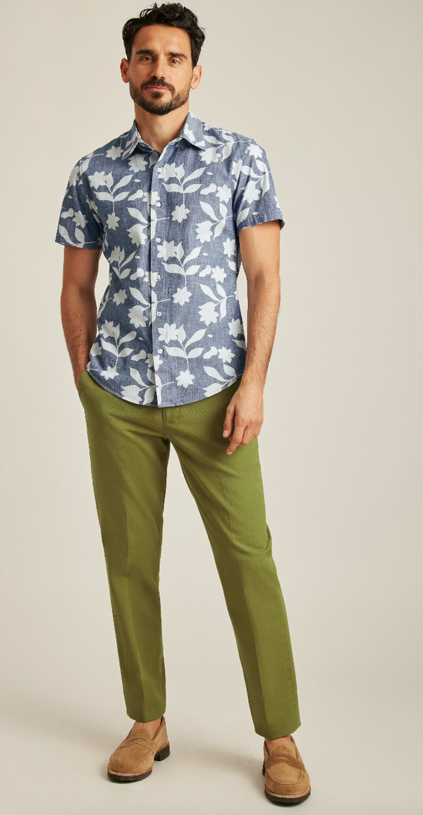 Bonobos Blue Chambray Floral Stretch Short Sleeve Shirt