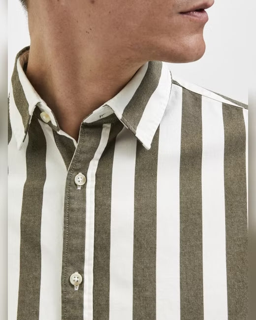 Wholesale,Selected Homme, Selected Homme Dark Olive & White Vertical Stripe Long Sleeve Button Up Shirt, Green, Large-46-TagLMedium-44-TagMMedium-43-TagS