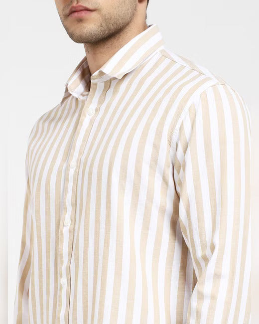 Selected Homme Beige & White Vertical Stripe Long Sleeve Button Up Shirt