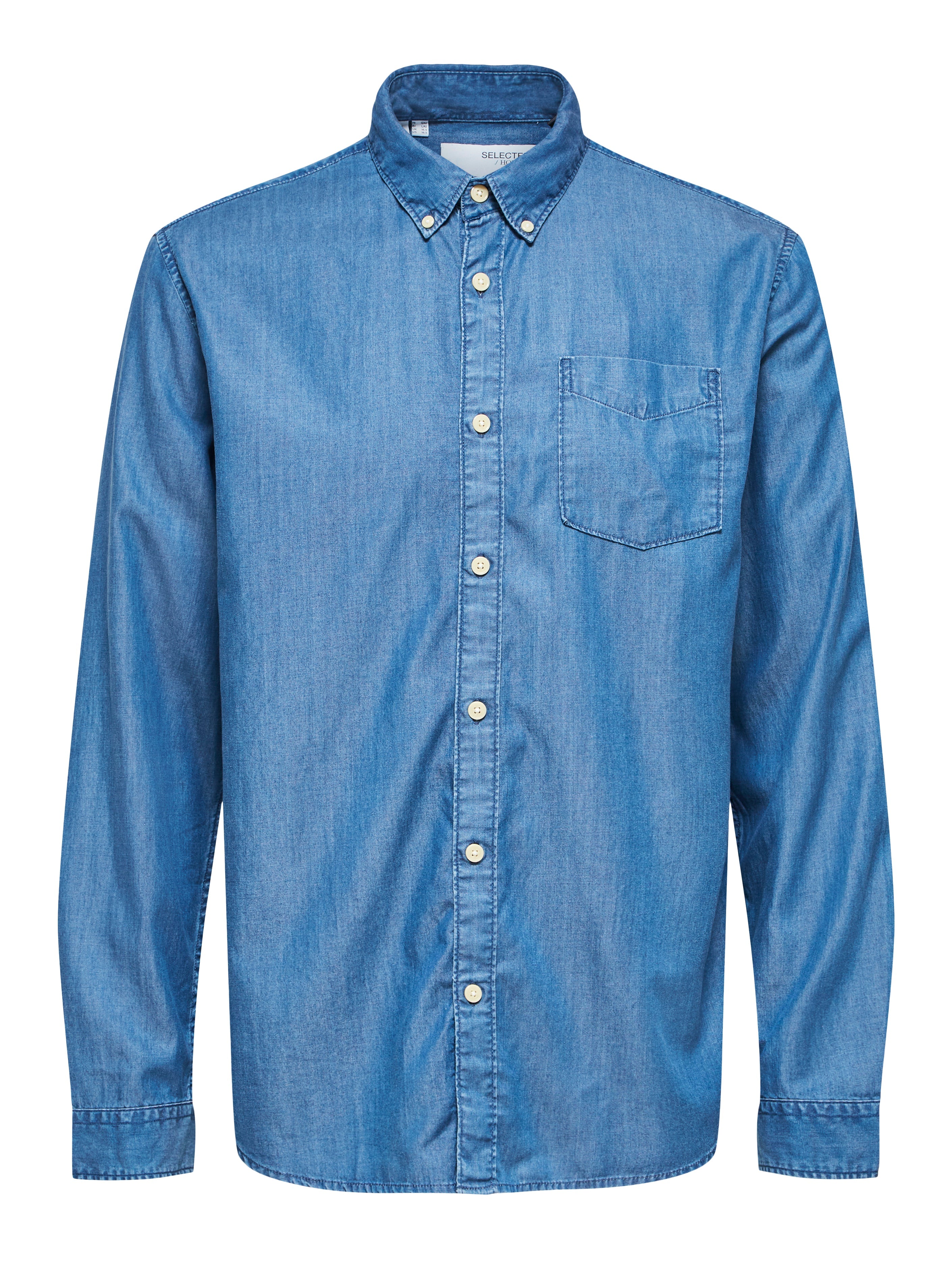 Wholesale,Selected Homme, Selected Homme Blue Medium Wash Chambray Denim Long Sleeve Button Up Shirt With Chest Pocket, Blue, Extra Extra Large-51-TagXXLExtra Large-48-TagXLLarge-46-TagLMedium-44-TagMMedium-43-TagS