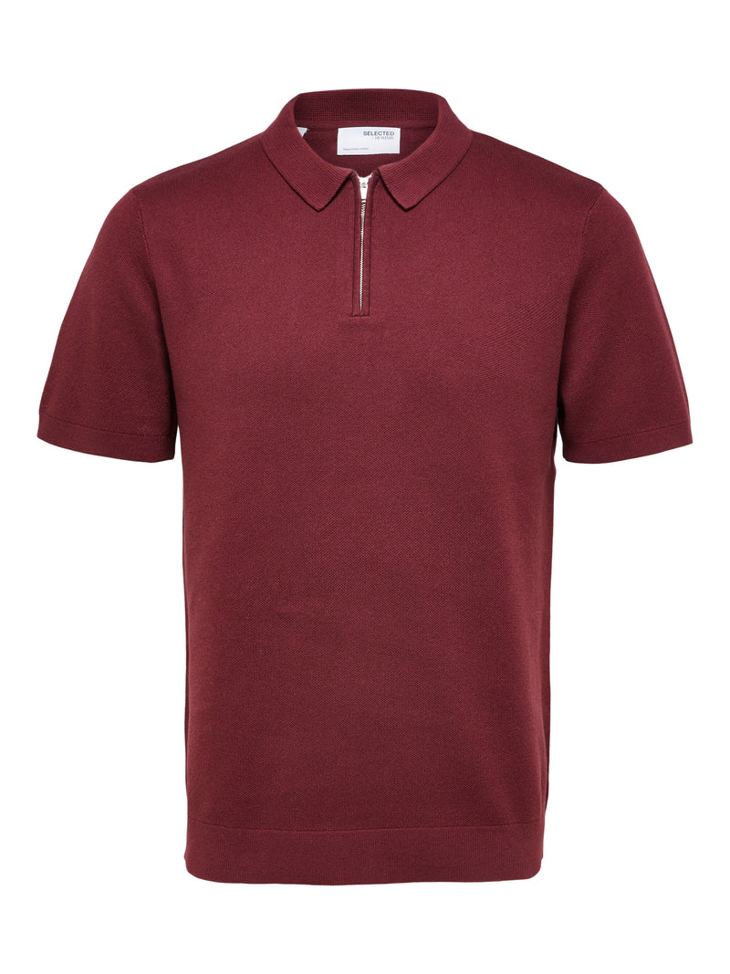 Selected Homme Burgundy Knit Zip Up Shortsleeve Polo
