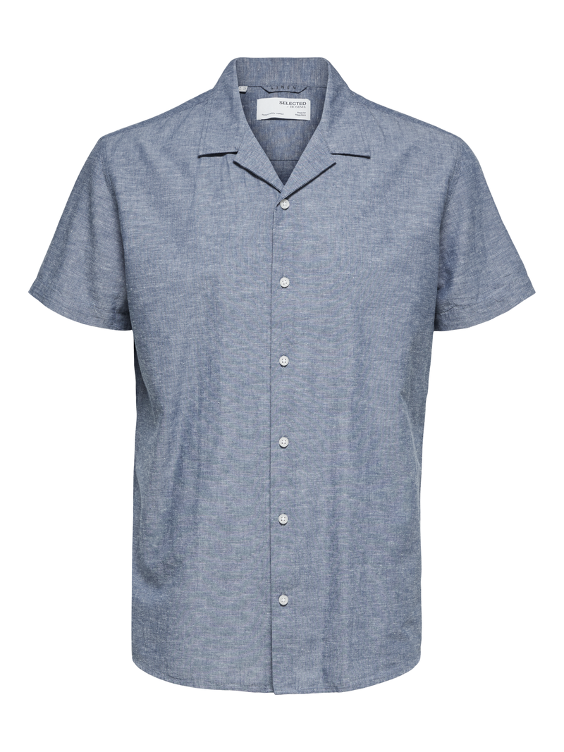 Selected Homme Medium Blue Linen Camp Collar Shortsleeve Shirt