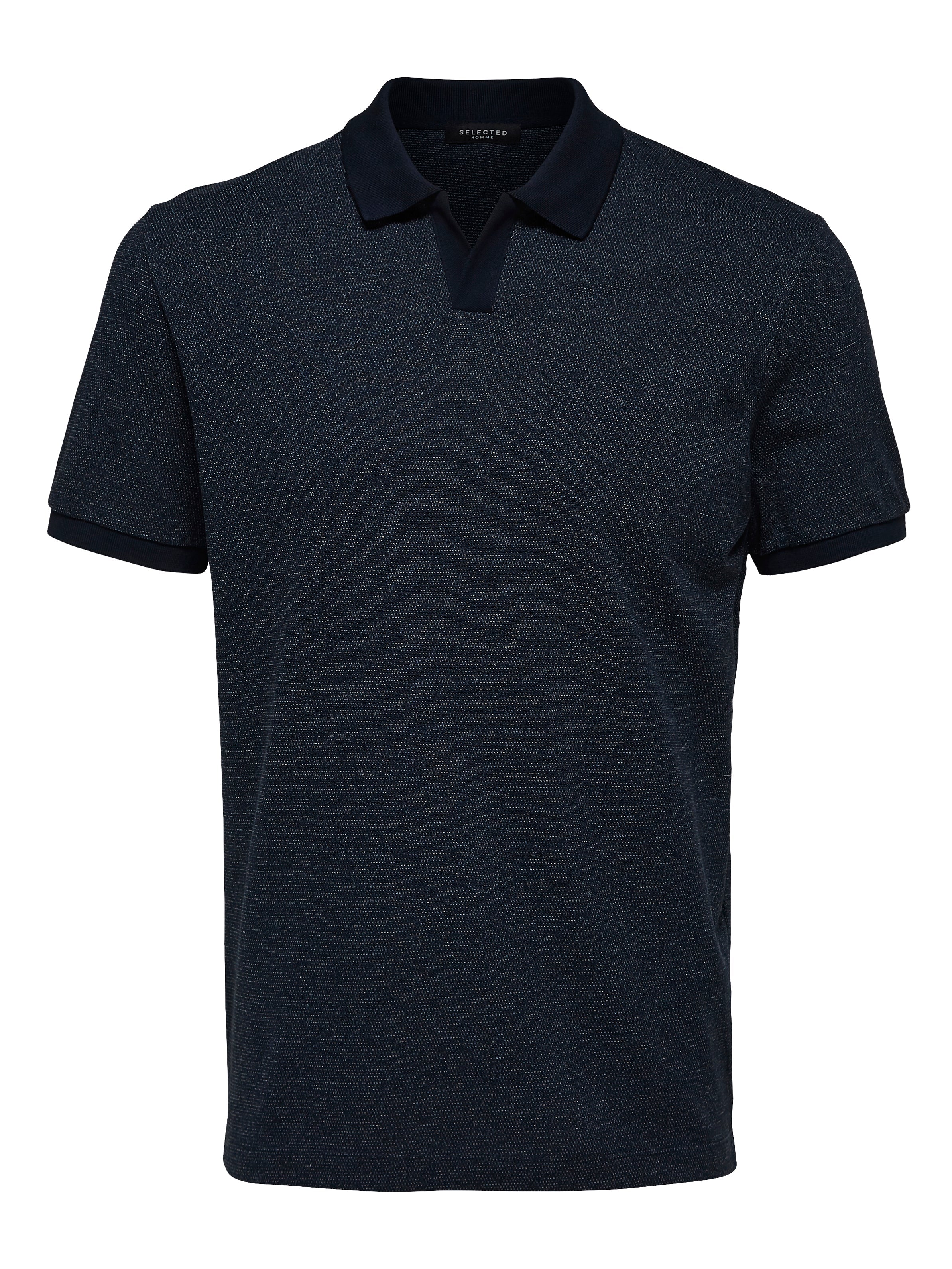 Otrium,AllSaints, Selected Homme Navy Heathered Pique Knit Buttonless Short Sleeve Polo, Blue, Large-44-TagXL