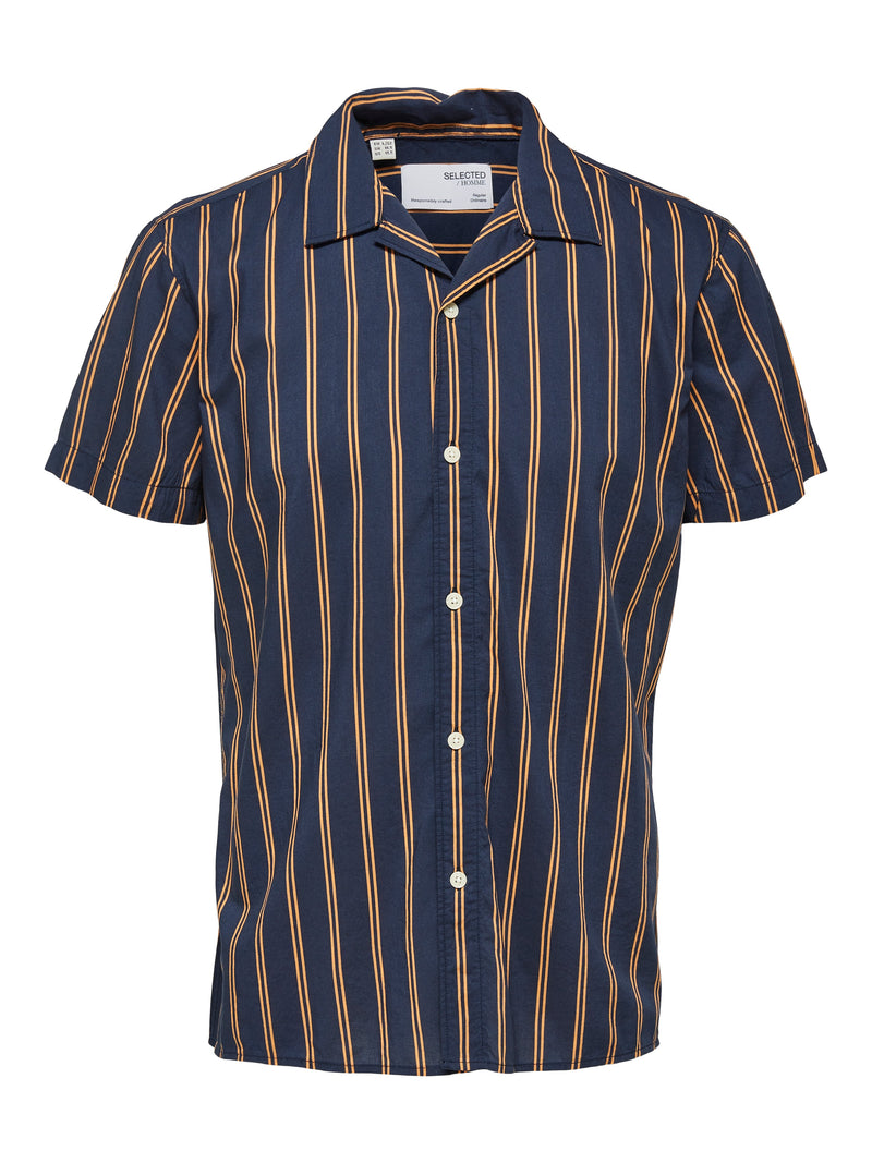 Selected Homme Navy & Yellow Vertical Stripe Camp Collar Shortsleeve Shirt