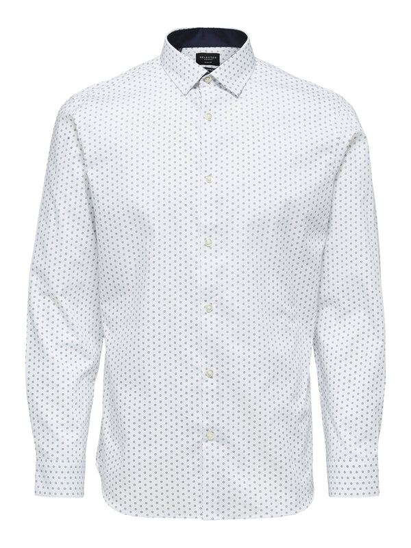 Selected Homme White With Blue Micro Dot Print Slim Fit Long Sleeve Button Up Shirt