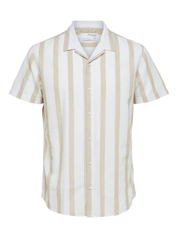 Selected Homme White With Light Beige Vertical Stripe Linen Blend Camp Collar Short Sleeve Button Up Shirt