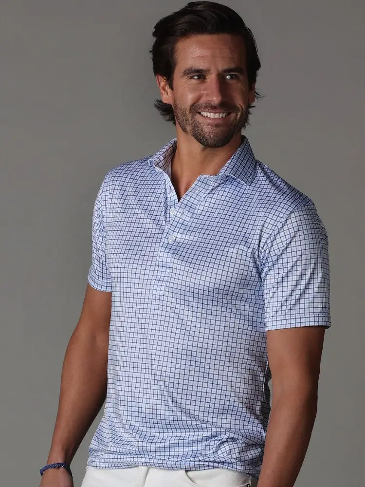 Collars & Co White With Blue Grid Print 4-Way Stretch Short Sleeve Button Down Polo