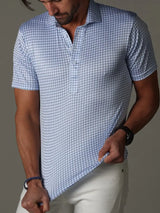 Collars & Co White With Blue Grid Print 4-Way Stretch Short Sleeve Button Down Polo