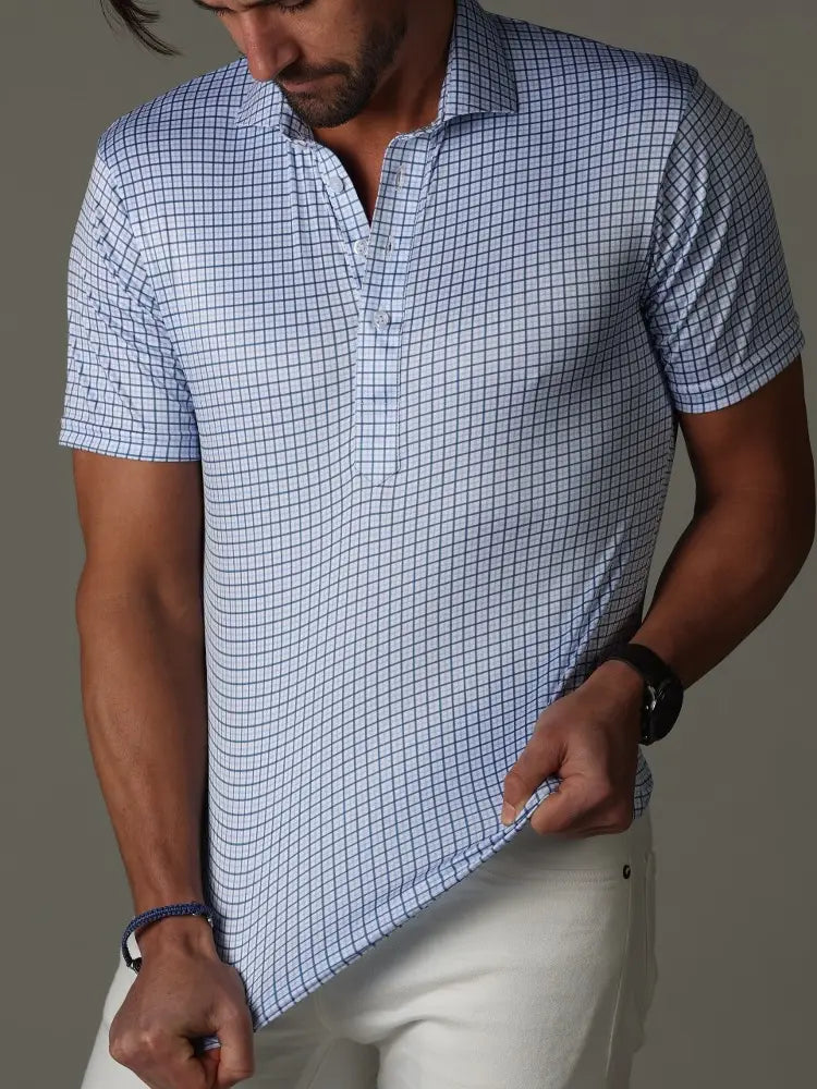 Faire,Collars & Co, Collars & Co White With Blue Grid Print 4-Way Stretch Short Sleeve Button Down Polo, White, Medium-43-TagM