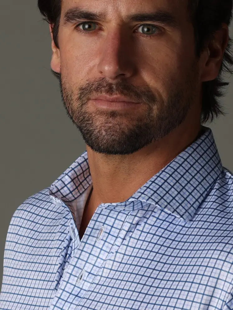 Faire,Collars & Co, Collars & Co White With Blue Grid Print 4-Way Stretch Short Sleeve Button Down Polo, White, Medium-43-TagM