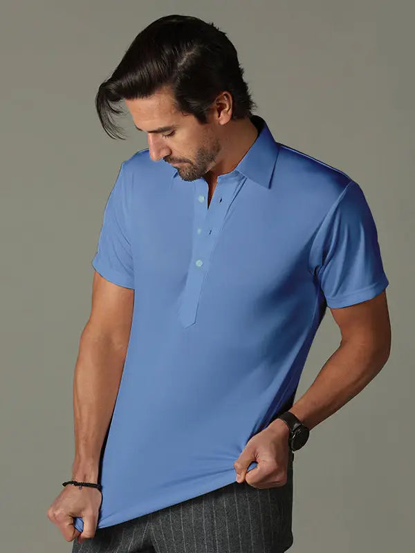 Faire,Collars & Co, Collars & Co Blue 4-Way Stretch Short Sleeve Button Down Polo, Blue, Extra Extra Large-52-TagXXL
