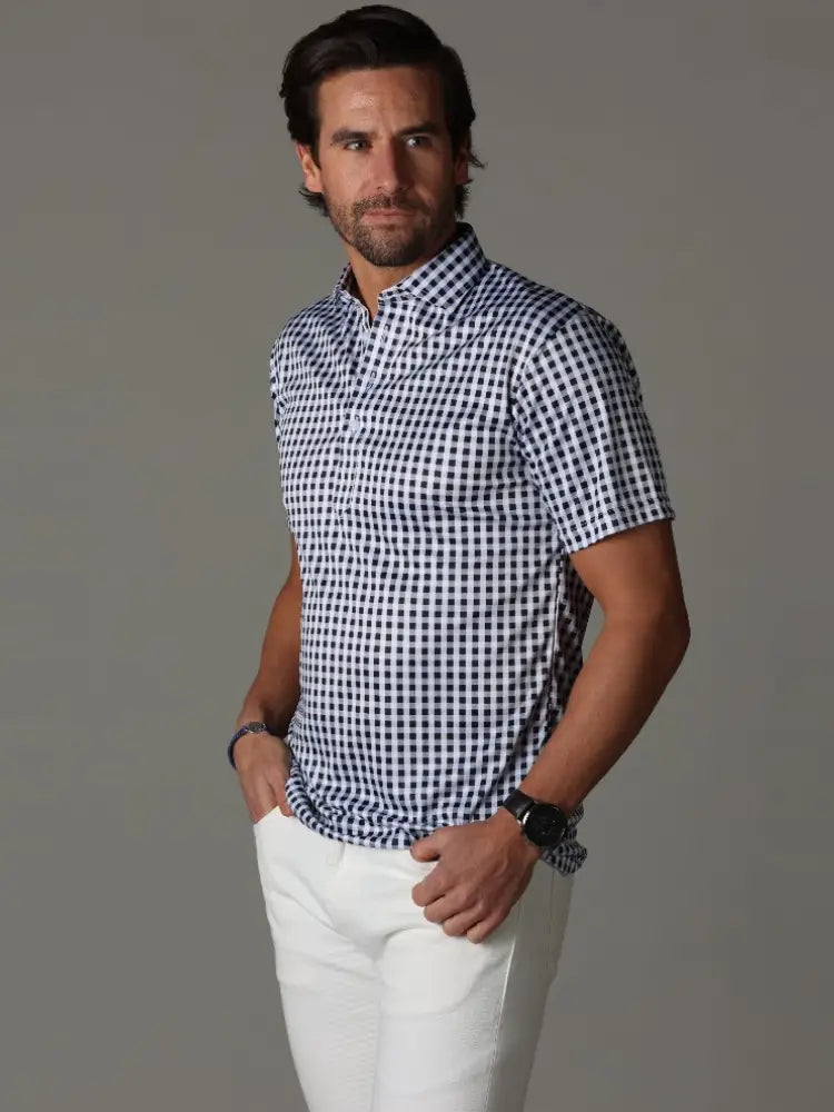 Faire,Collars & Co, Collars & Co Navy And Purple Gingham Print 4-Way Stretch Short Sleeve Button Down Polo, White, Large-45-TagL