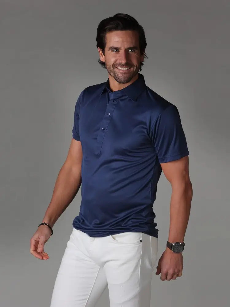 Faire,Collars & Co, Collars & Co Navy 4-Way Stretch Short Sleeve Button Down Polo, Blue, Large-44-TagL