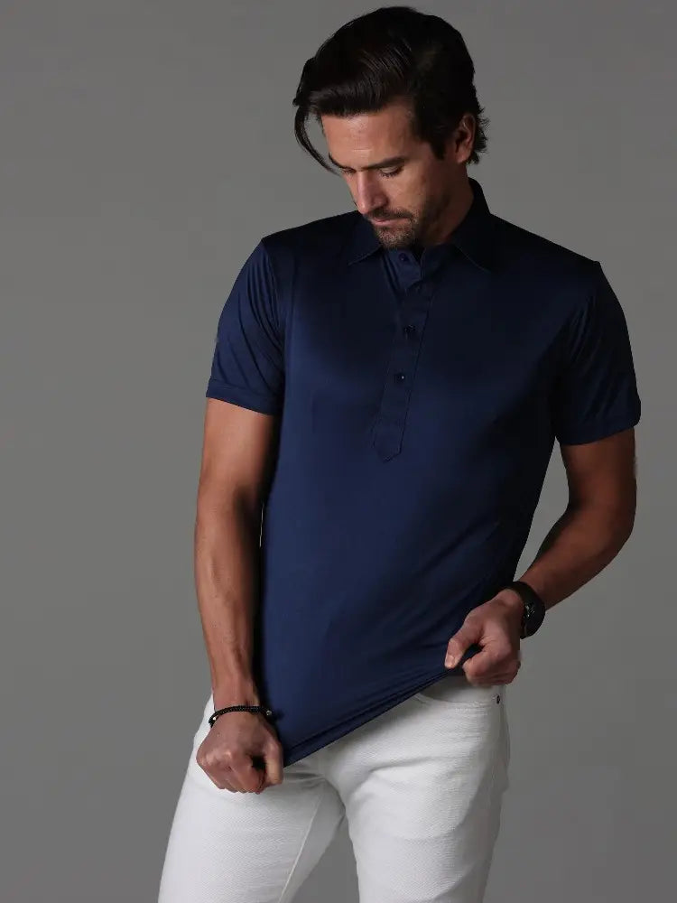Faire,Collars & Co, Collars & Co Navy 4-Way Stretch Short Sleeve Button Down Polo, Blue, Medium-44-TagM