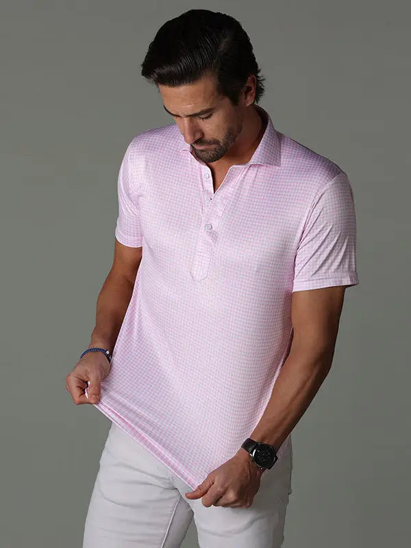 Faire,Collars & Co, Collars & Co Light Pink Gingham Print 4-Way Stretch Short Sleeve Button Down Polo, Pink, Extra Extra Large-52-TagXXLLarge-44-TagLLarge-45-TagLMedium-43-TagMLarge-45-TagXLMedium-42-TagLSmall-42-TagS