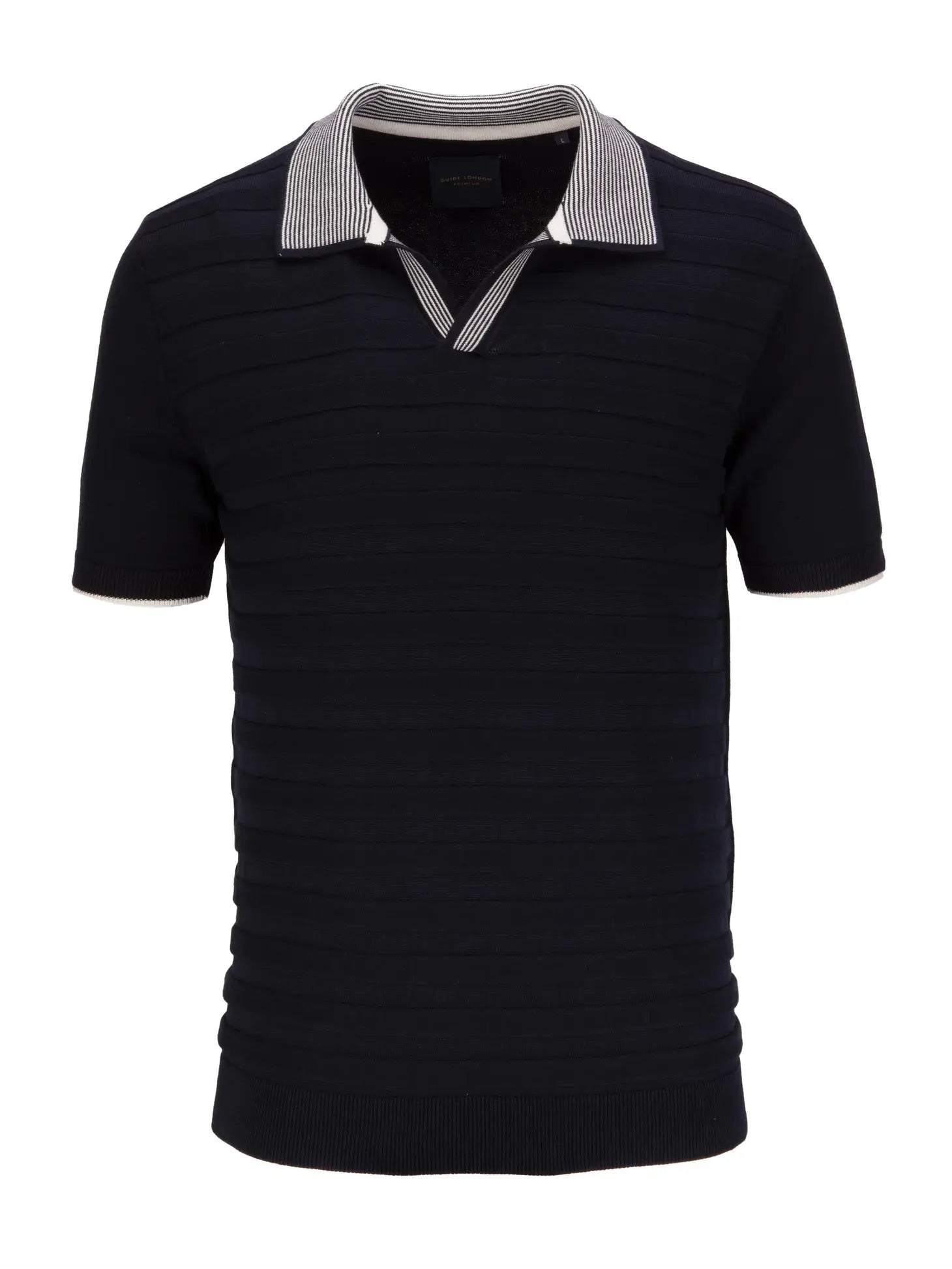 Faire,Guide London, Guide London Navy Tonal Stripe Rib Knit Buttonless Short Sleeve Polo, Blue, Large-44-TagXXL