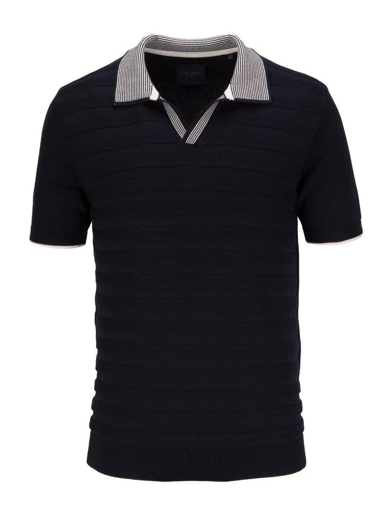 Guide London Navy Tonal Stripe Rib Knit Buttonless Short Sleeve Polo