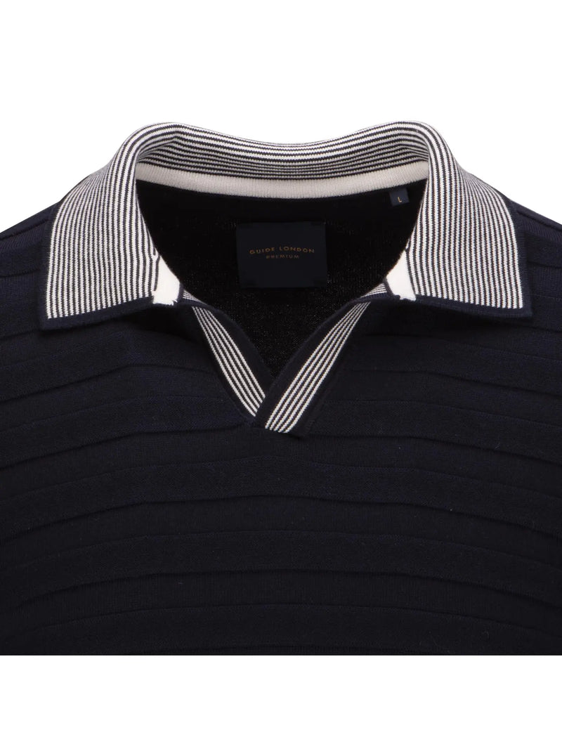 Guide London Navy Tonal Stripe Rib Knit Buttonless Short Sleeve Polo