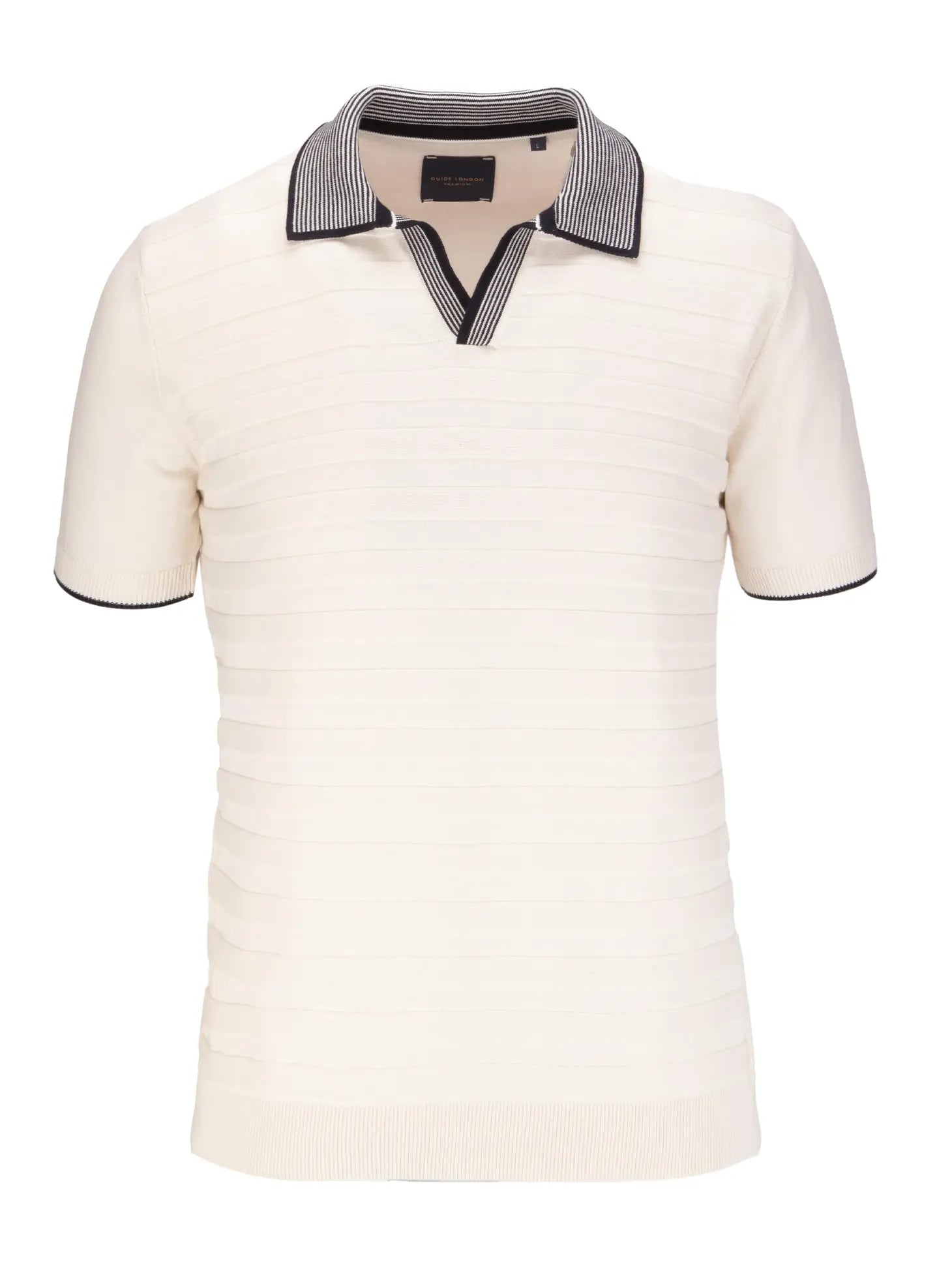 Faire,Guide London, Guide London Cream Tonal Stripe Rib Knit Buttonless Short Sleeve Polo, Cream, Medium-42-TagXL