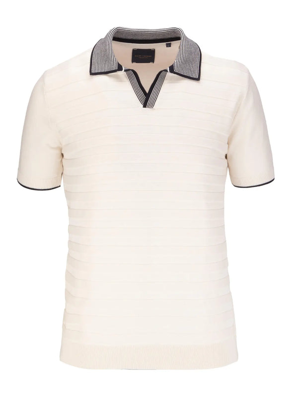 Guide London Cream Tonal Stripe Rib Knit Buttonless Short Sleeve Polo