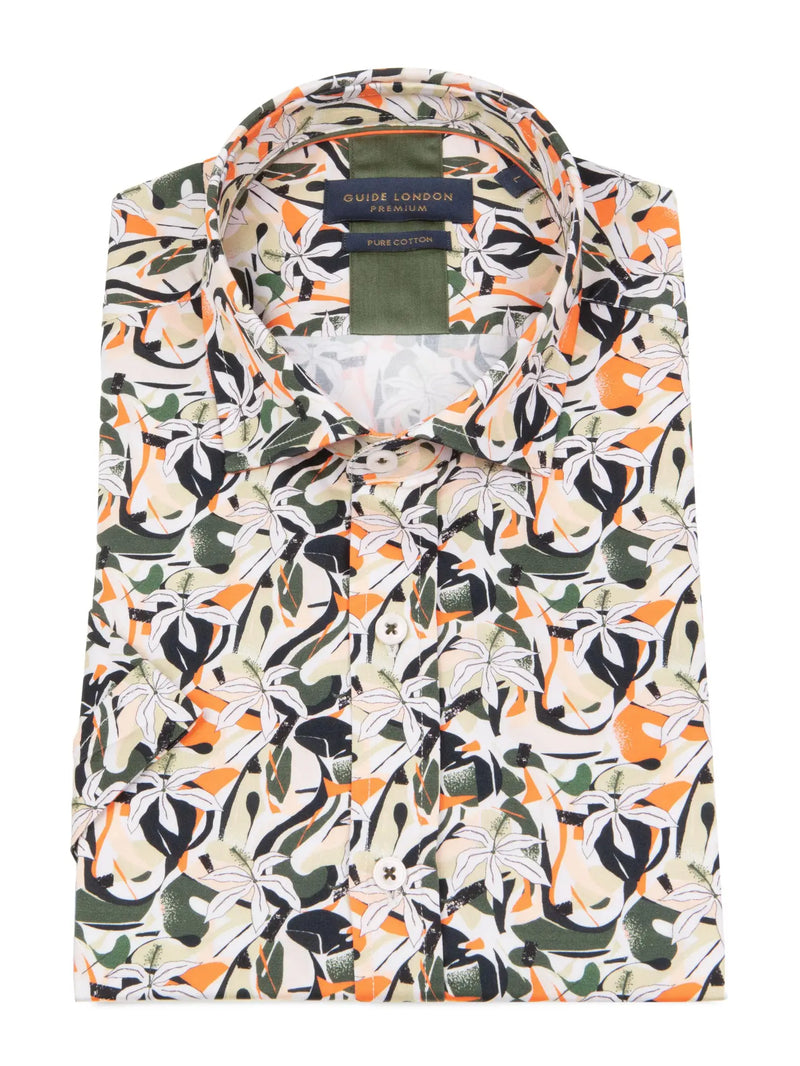 Guide London Orange & Green Vibrant Floral Short Sleeve Button Up Shirt