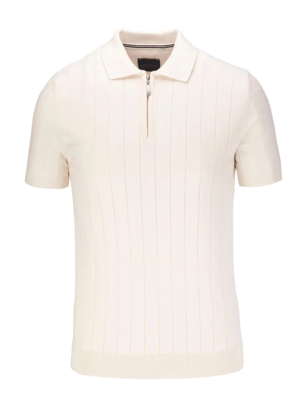 Guide London Cream Wide Rib Knit Quarter Zip Short Sleeve Polo