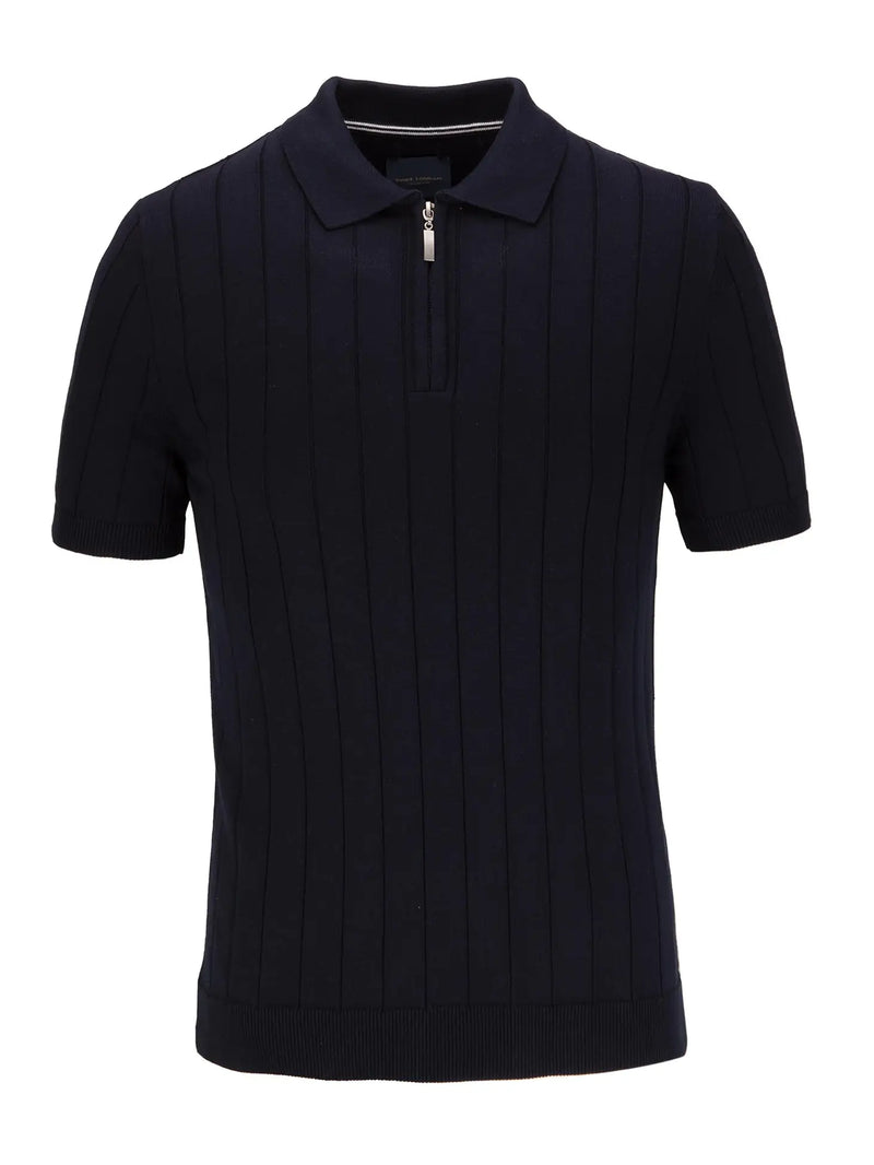 Guide London Navy Wide Rib Knit Quarter Zip Short Sleeve Polo