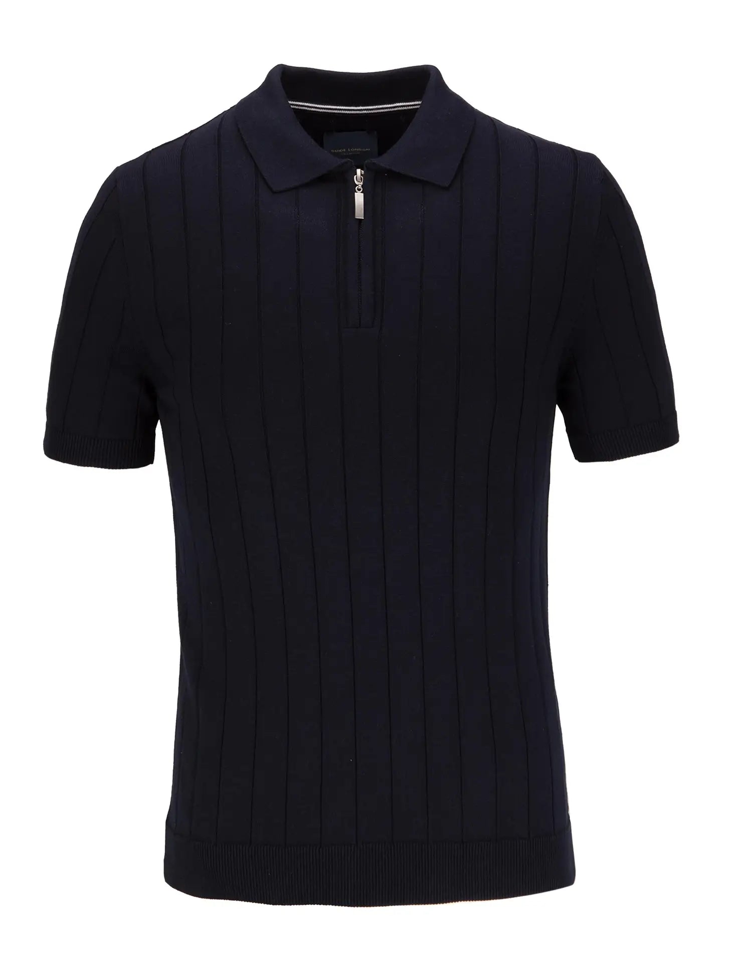 Faire,Guide London, Guide London Navy Wide Rib Knit Quarter Zip Short Sleeve Polo, Blue, Large-42-TagXL
