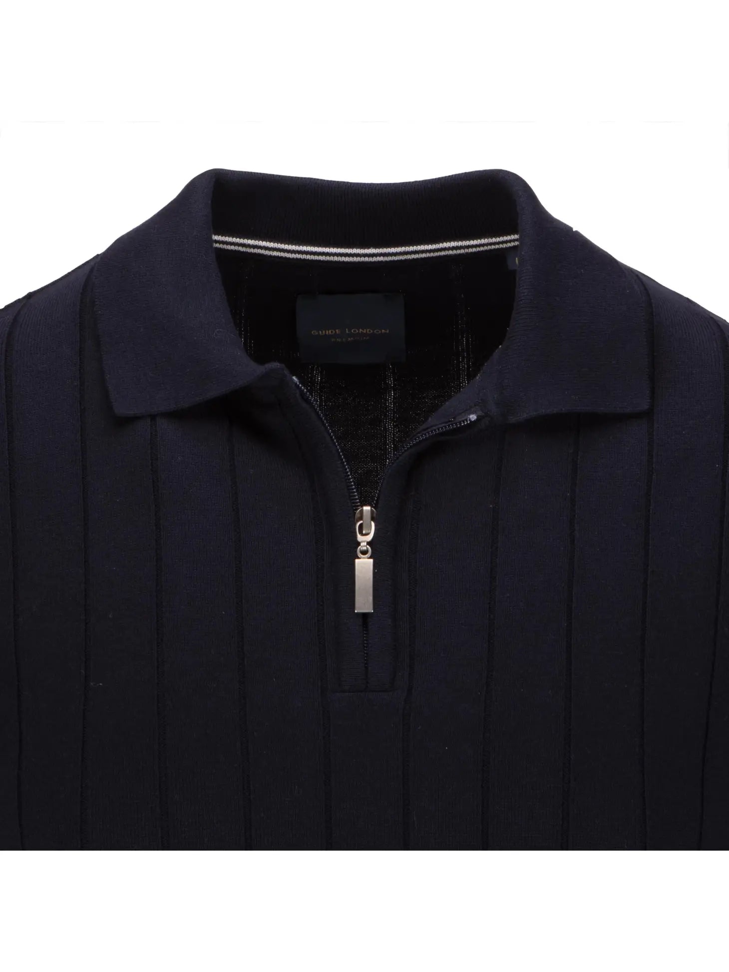 Faire,Guide London, Guide London Navy Wide Rib Knit Quarter Zip Short Sleeve Polo, Blue, Medium-40-TagL