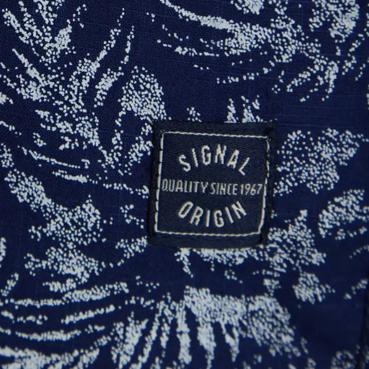 Faire,Signal Clothing, Signal Clothing Blue Abstract Dotted Leaf Print Linen Blend Short Sleeve Button Up Shirt, Blue, Medium-45-TagM