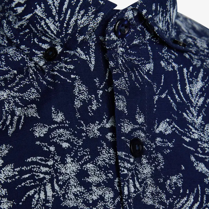 Faire,Signal Clothing, Signal Clothing Blue Abstract Dotted Leaf Print Linen Blend Short Sleeve Button Up Shirt, Blue, Large-47-TagL