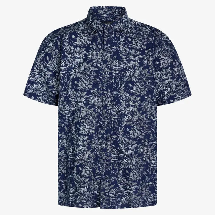 Signal Clothing Blue Abstract Dotted Leaf Print Linen Blend Short Sleeve Button Up Shirt