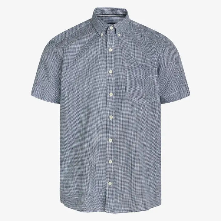 Signal Clothing Dark Blue Mini Houndstooth Print Short Sleeve Button Up Shirt With Chest Pocket
