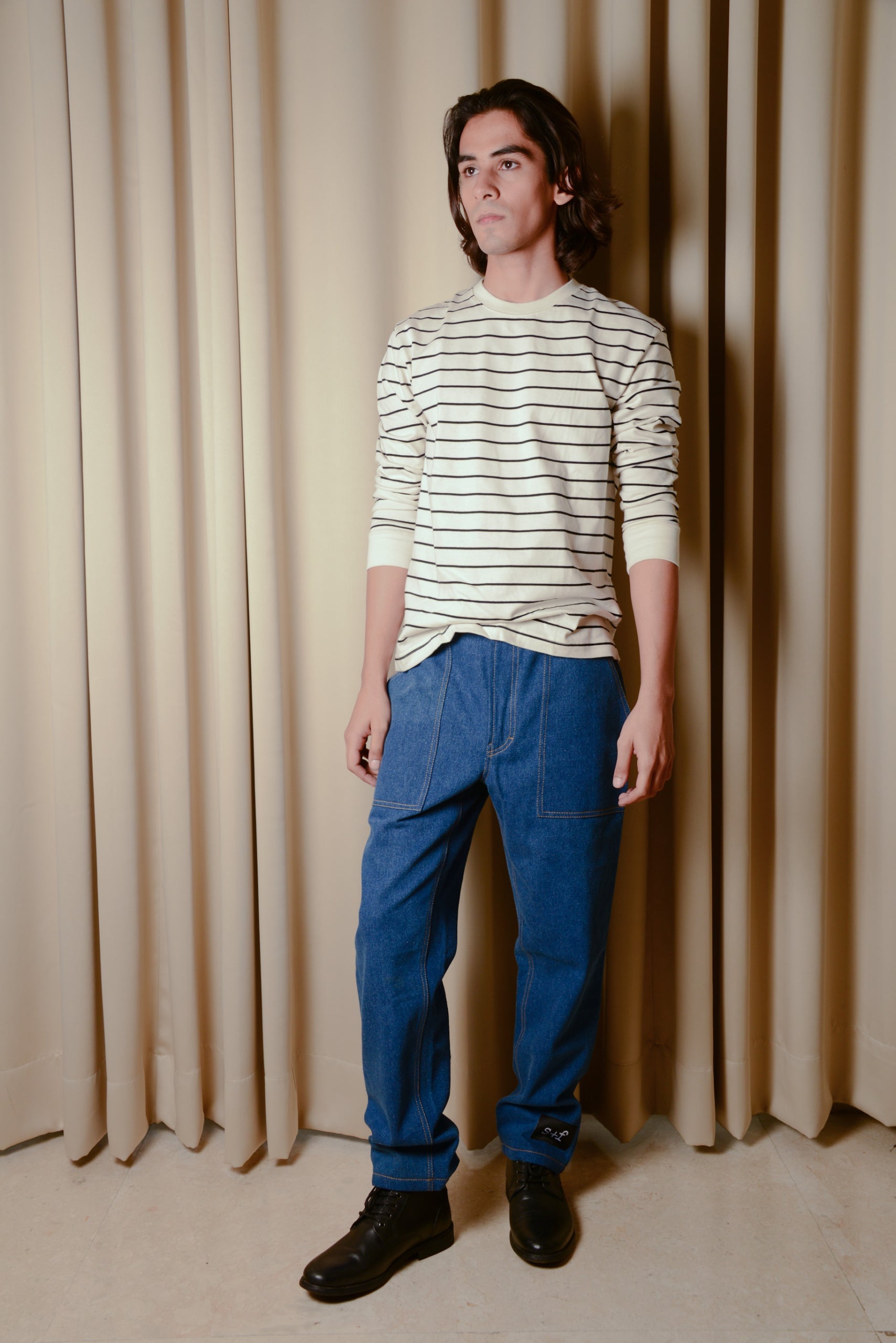 Brand Partner,Sons+Fathers, Sons + Fathers Medium Wash Relaxed Blue Denim Jeans With Light Brown Stitching, Blue, 31W-30L-Tag30