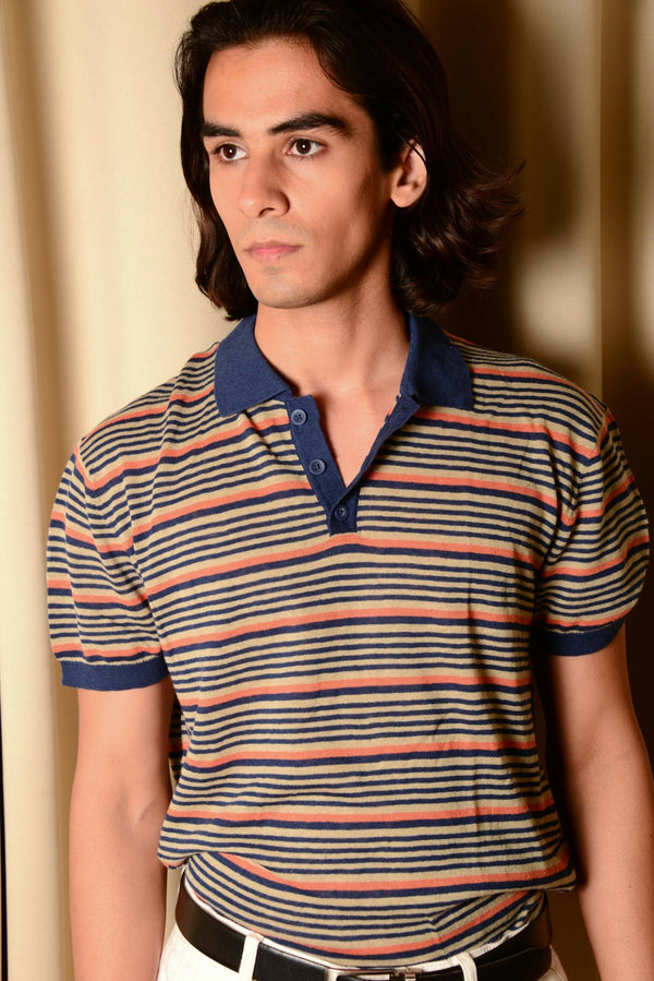 Sons + Fathers Beige & Orange Horizontal Stripe With Blue Contrast Collar Linen Blend Knit Shortsleeve Polo