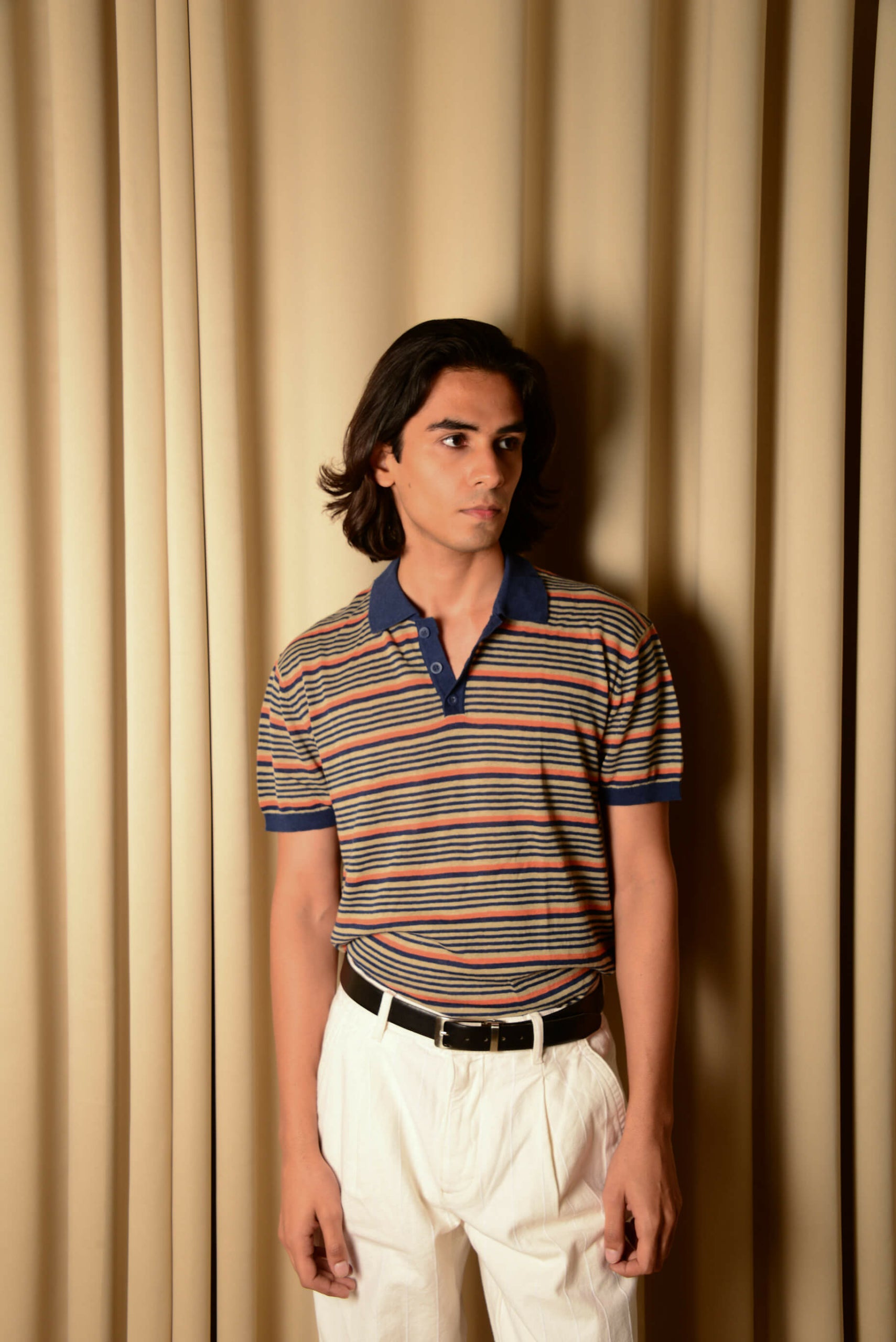 Brand Partner,Sons+Fathers, Sons + Fathers Beige & Orange Horizontal Stripe With Blue Contrast Collar Linen Blend Knit Shortsleeve Polo, Tan, Large-44-TagL