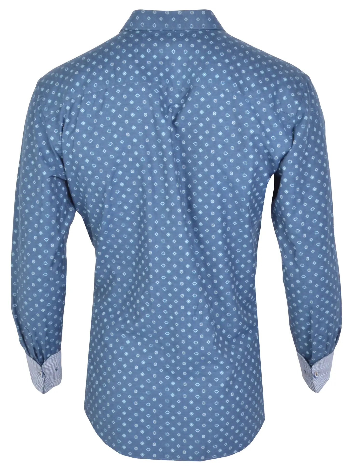 Faire,Spazio, Spazio Mid Blue With Light Blue Geometric Dot Print Long Sleeve Button Up Shirt, Blue, Large-46-TagL