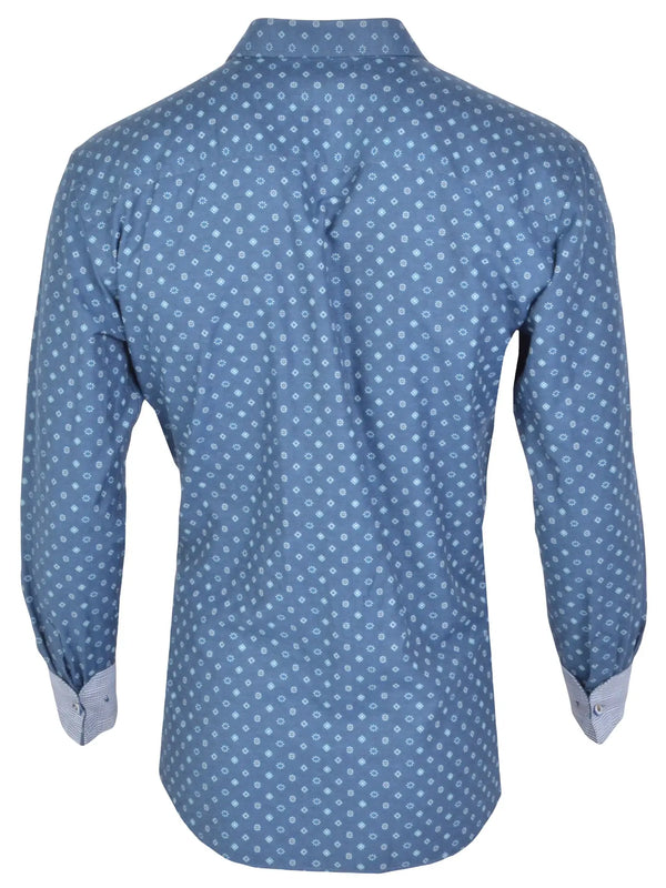 Spazio Mid Blue With Light Blue Geometric Dot Print Long Sleeve Button Up Shirt