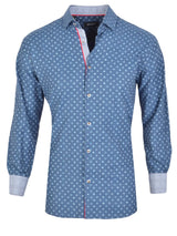 Spazio Mid Blue With Light Blue Geometric Dot Print Long Sleeve Button Up Shirt