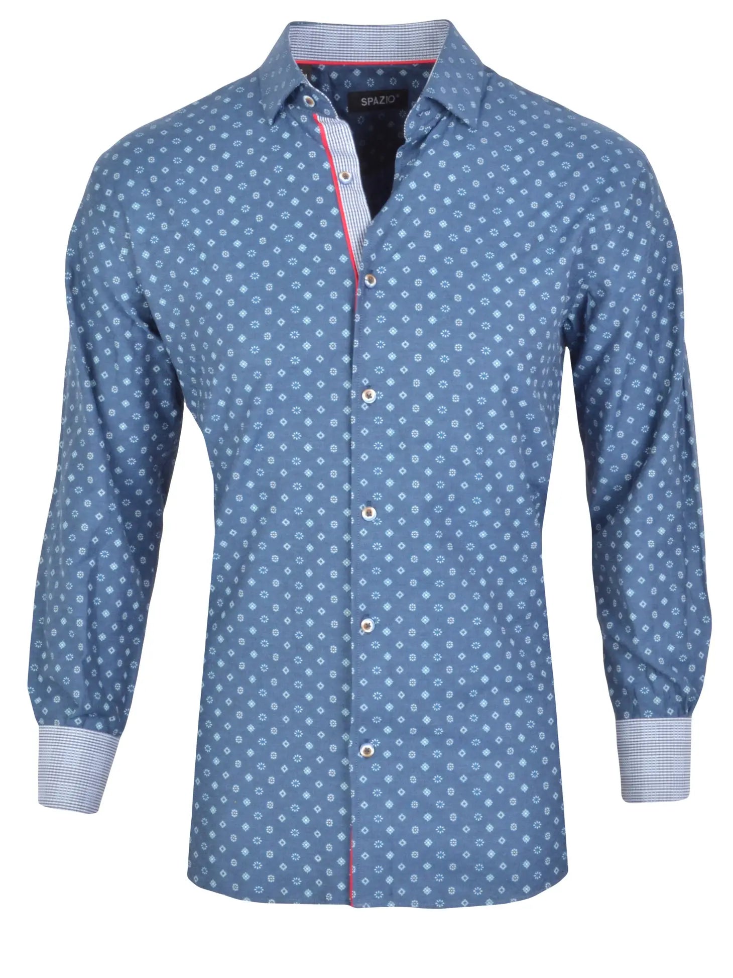 Faire,Spazio, Spazio Mid Blue With Light Blue Geometric Dot Print Long Sleeve Button Up Shirt, Blue, Medium-44-TagM